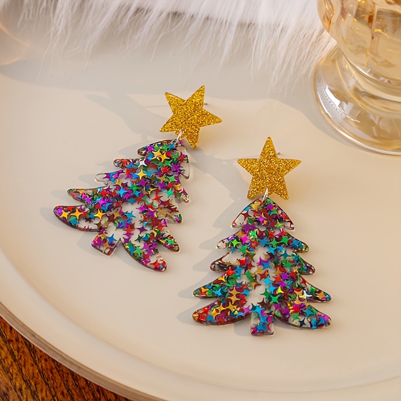 2pcs/Set Christmas Star Sequin Tree Earrings, Festive Gift